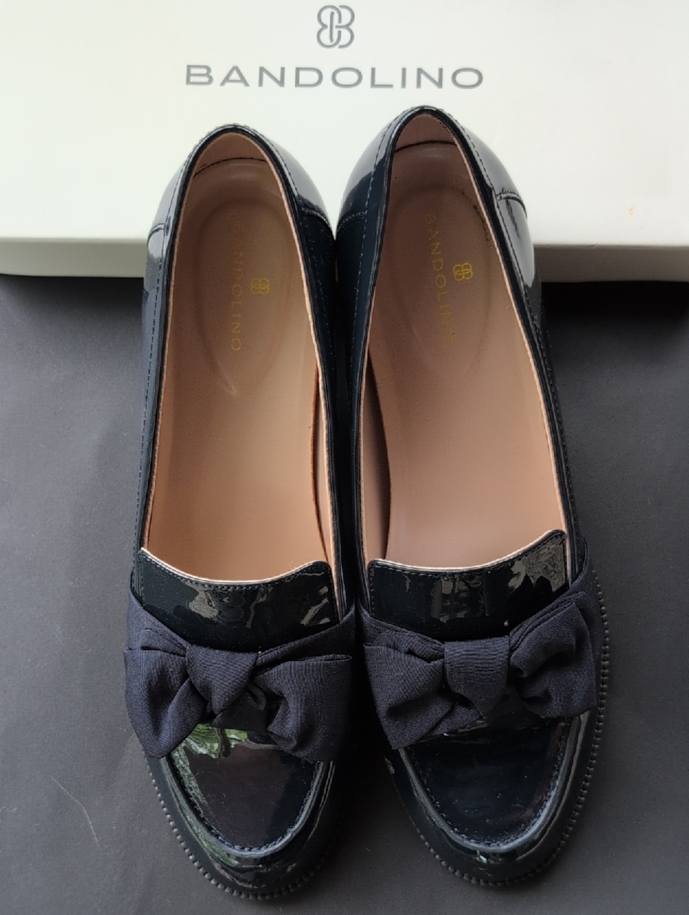 Bandolino Black Patent Loafers with Bow Accent